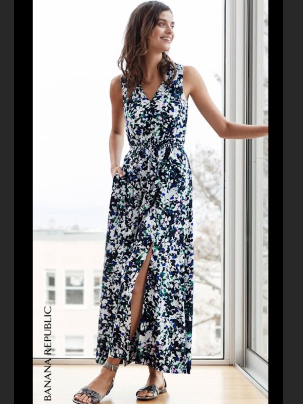 Banana Republic Sleeveless Mixed-Floral Maxi Dress with pockets